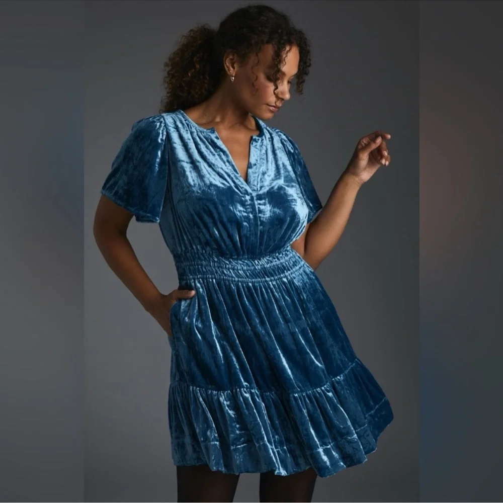 Anthropologie Somerset Blue Velvet Dress - Picture 4 of 9